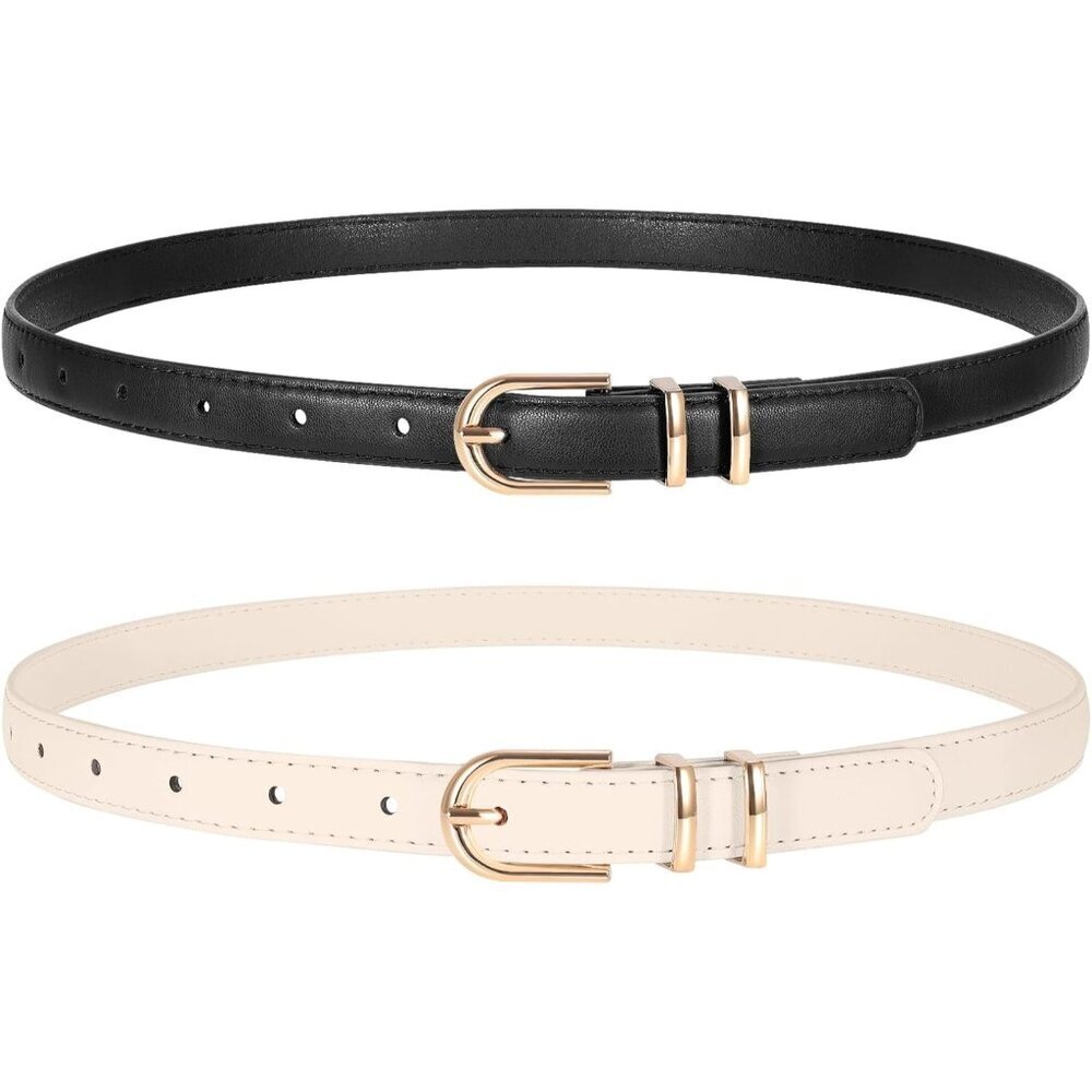 2 Pack Women's Skinny Leather Belts Black Beige Gold Thin Faux with Gold Buckle